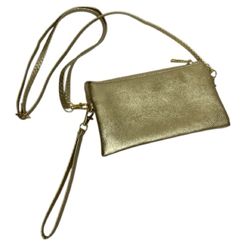 Gold Metallic Vegan Leather Crossbody Wristlet Clutch Detachable Strap NWOT